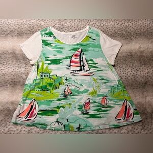 CROWN & IVY Summer Knit Sailboats Swing Tee T  Shirt Top EUC  XL Retail $40.50